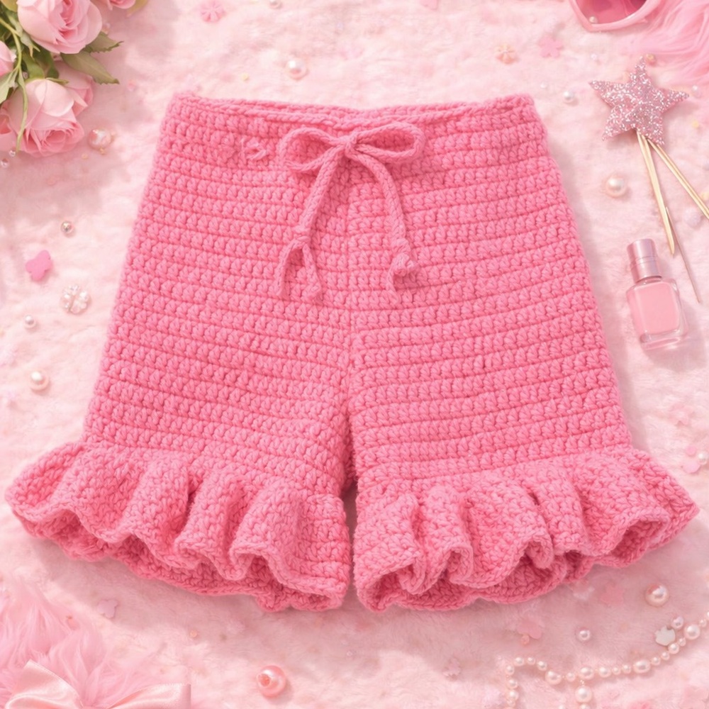 Pink Crochet Ruffle Women Shorts